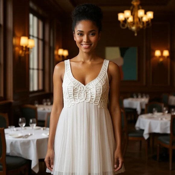 Sue Wong Nocturne Mini Cocktail Dress Embroidered Pleated Mesh White Ivory 4 - Picture 2 of 11